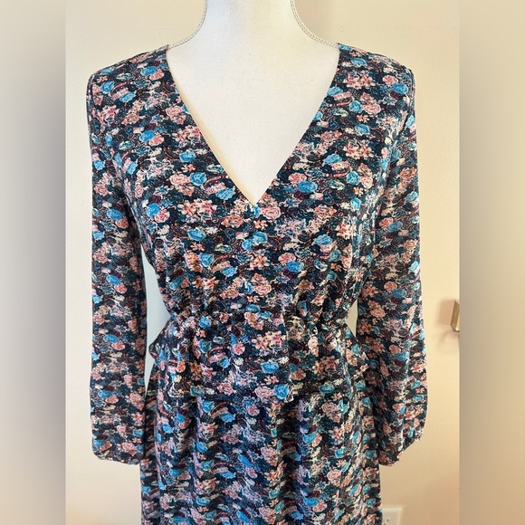 J. Crew Peplum Ruffle Paisley Floral Navy Tiered Long Sleeve Mini Dress - Picture 2 of 6